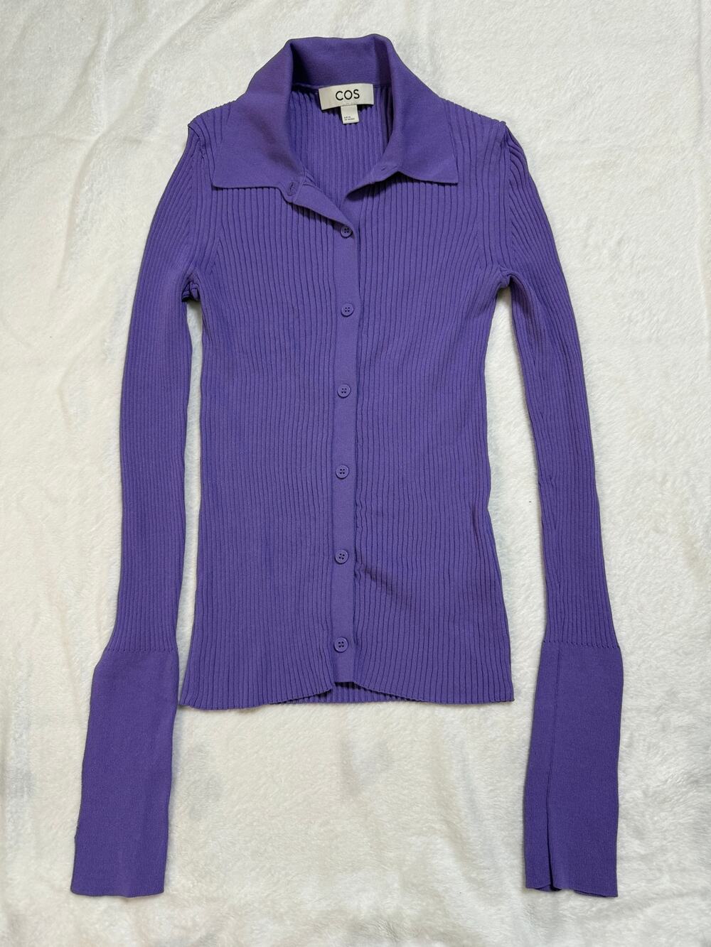 COS Purple Ribbed Knit Collared Button Front Long Sleeve Top XS